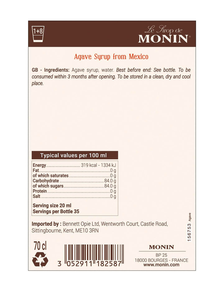 MONIN Premium Agave Syrup 700 ml - Vegan-Friendly Sweetener for Cocktails, Coffee & Mocktails