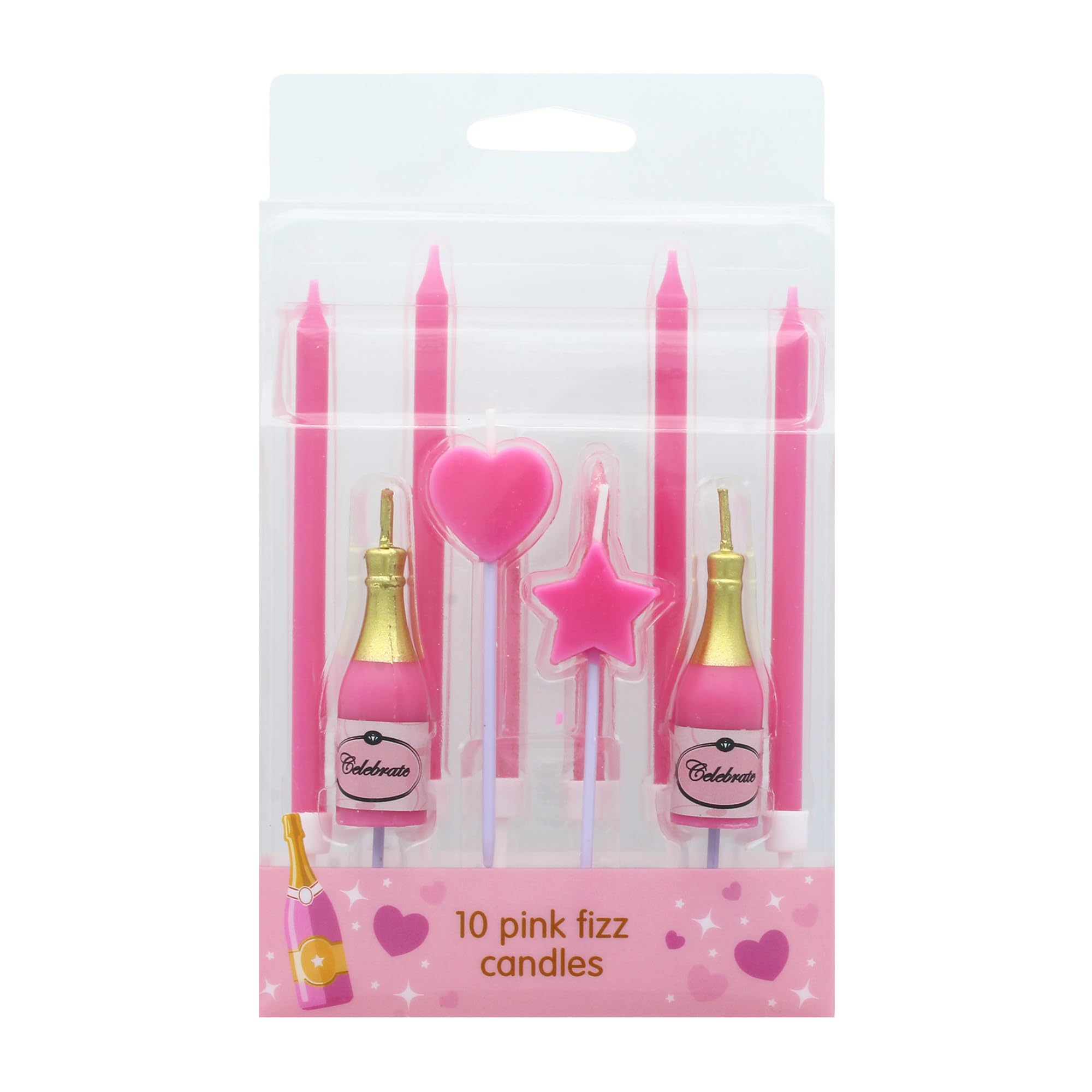 Culpitt Pink Fizz Cake Candles - 10 Piece Mixed Set with Glitter, Champagne Bottle, Heart & Star Shapes 1