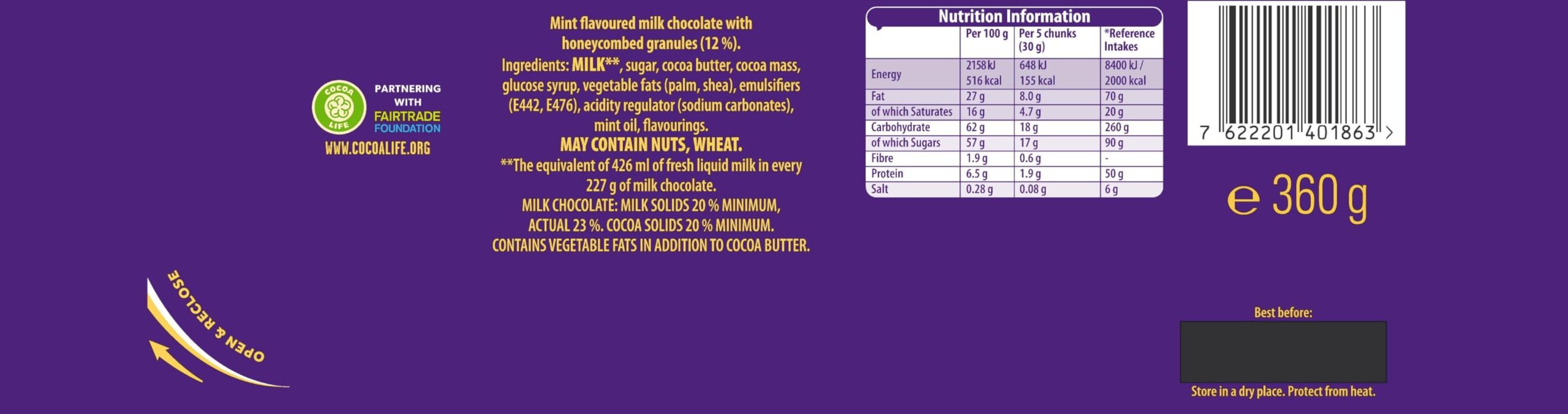Cadbury Dairy Milk Winter Mint Crisp Edition 360g Chocolate Bar 2