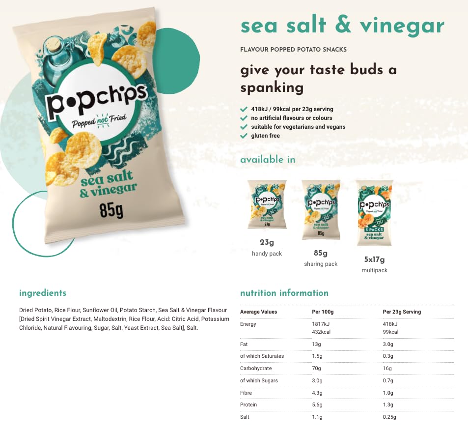 Popchips Sea Salt & Vinegar Popped Potato Snacks - 5 Pack (85g)