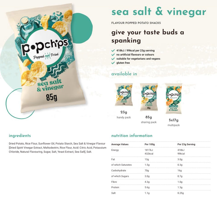 Popchips Sea Salt & Vinegar Popped Potato Snacks - 5 Pack (85g)