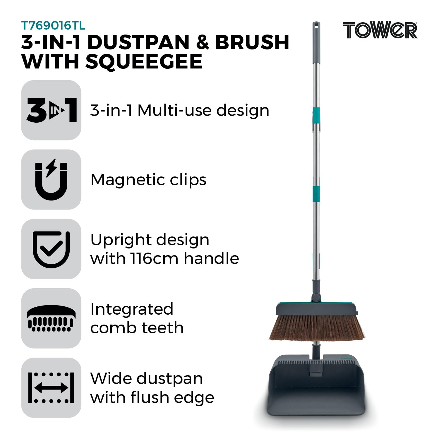Tower 3-in-1 Dustpan and Brush Set with Squeegee | Upright Storage | 116cm Handle 2