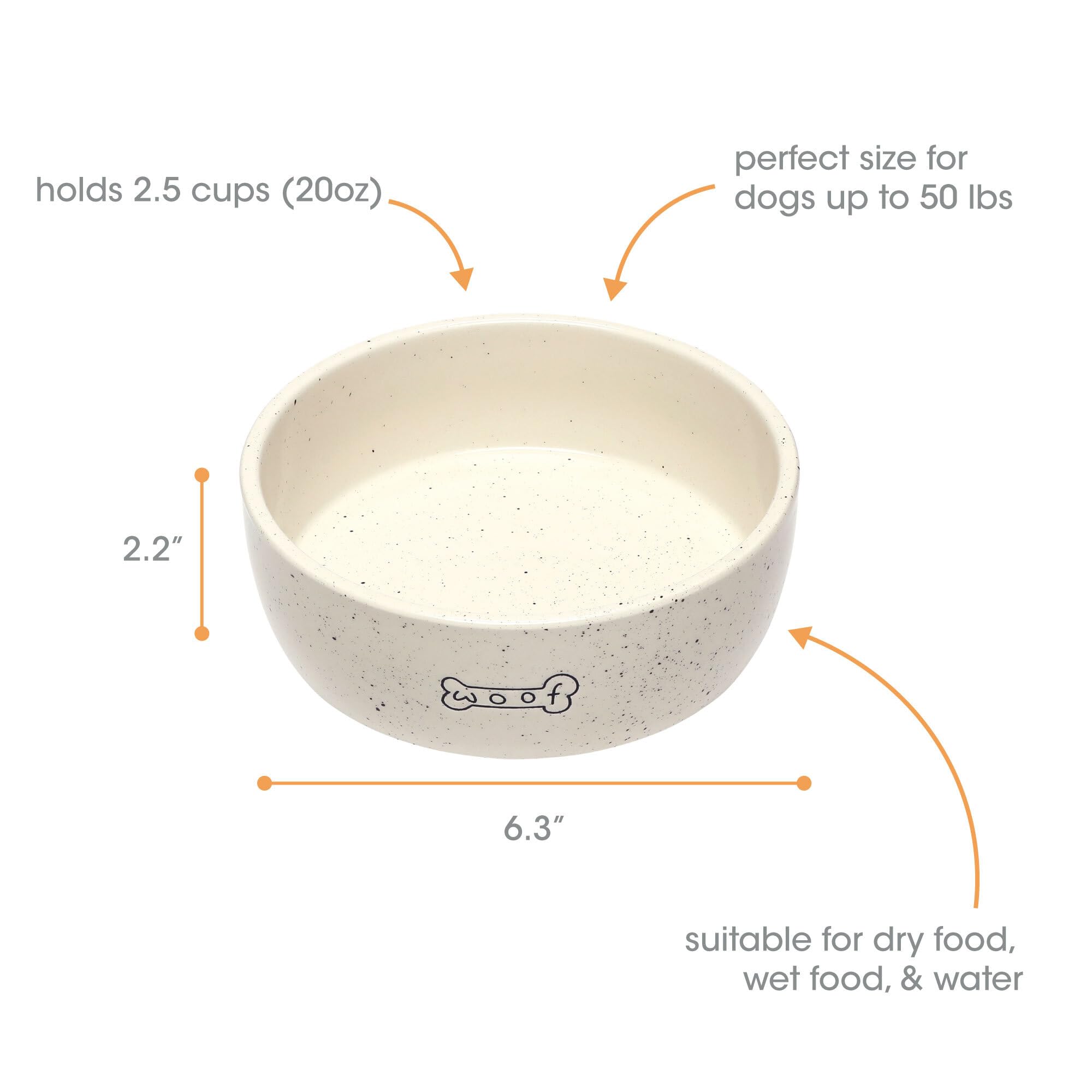 Pearhead Woof Ceramic Pet Bowl - 3 Cup Capacity | Durable | Dishwasher Safe