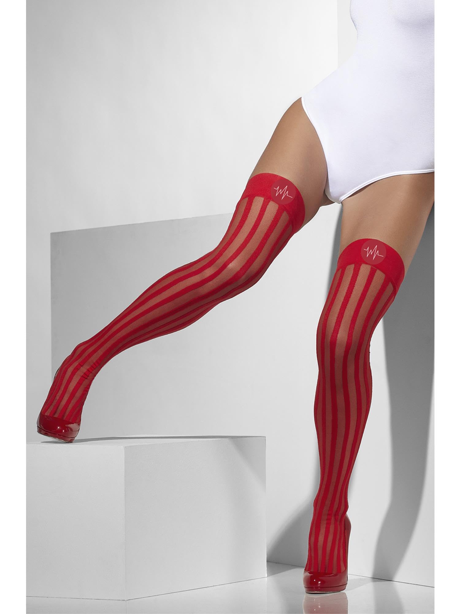 Smiffys Red Sheer Hold-Ups with Vertical Stripes and Cross Print, Fever Hosiery Fancy Dress Accessory 7