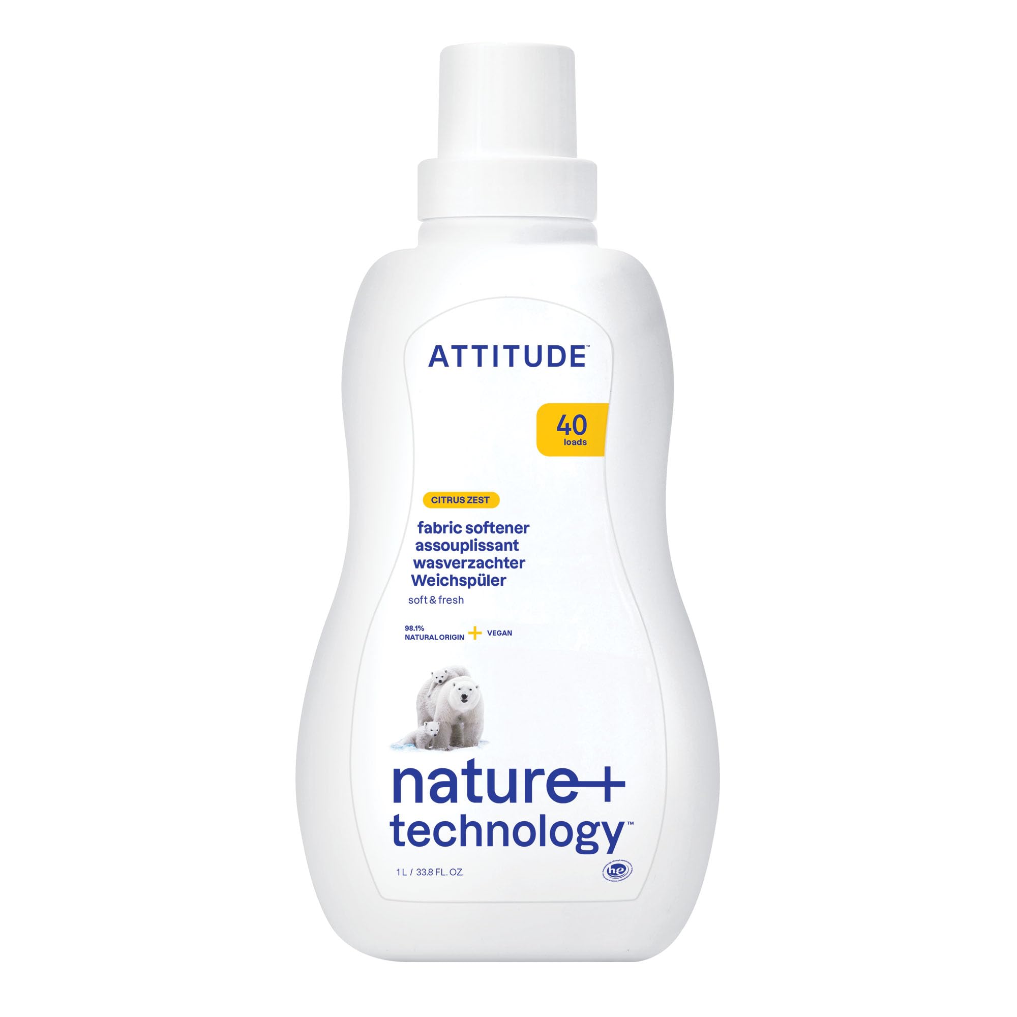 ATTITUDE Liquid Fabric Softener - Plant-Based, Vegan, HE Compatible, Citrus Zest Scent, 1 l 1