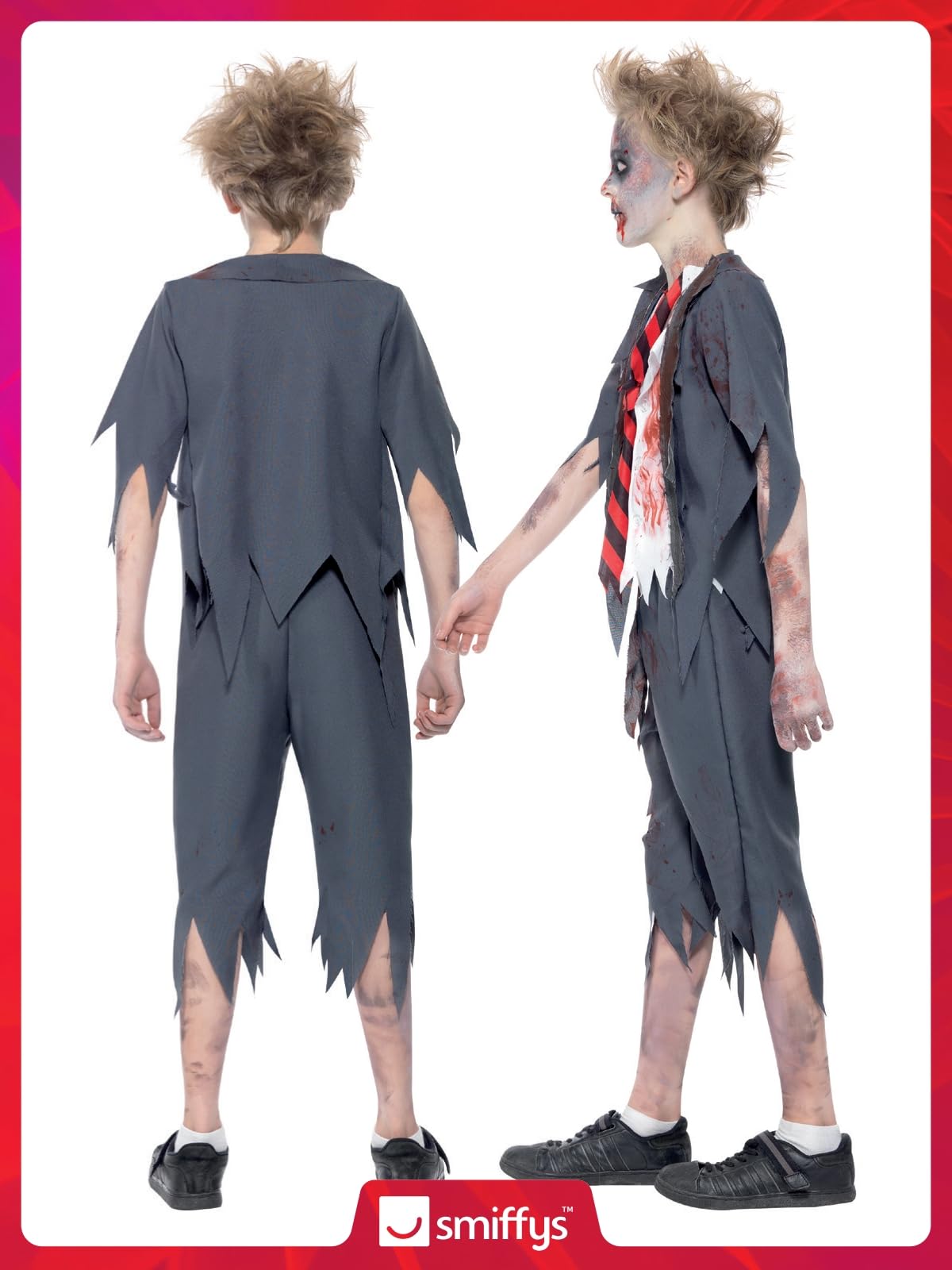 Smiffys Zombie School Boy Costume - Grey Full Set with Trousers, Jacket, Mock Shirt & Tie for Kids Ages 7-9