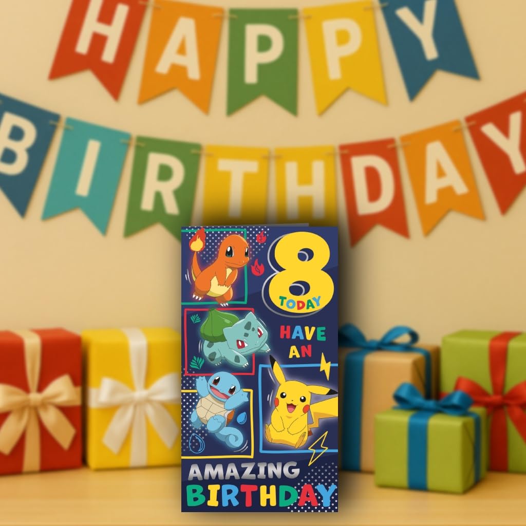 Danilo Promotions LTD Pokemon Birthday Card for Age 8 | Standard Size 22.9cm x 12.7cm | Recycled Content 3