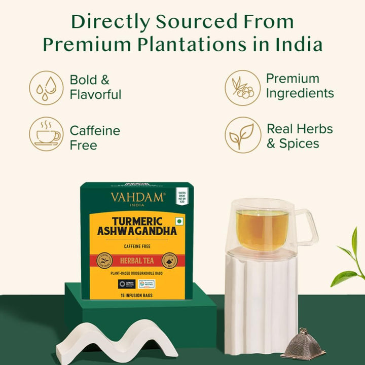 VAHDAM - Turmeric Ashwagandha Herbal Tea Bags (15 Count) 100% Pure Herbal Blend