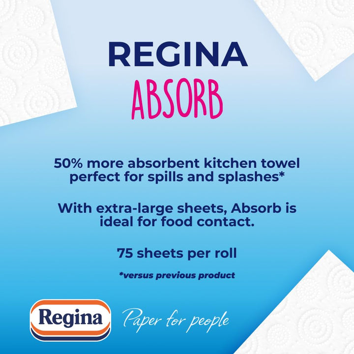 Regina Absorb Kitchen Towels – 8 Rolls, 75 Sheets per Roll, 2-Ply Super Absorbent Paper Towels