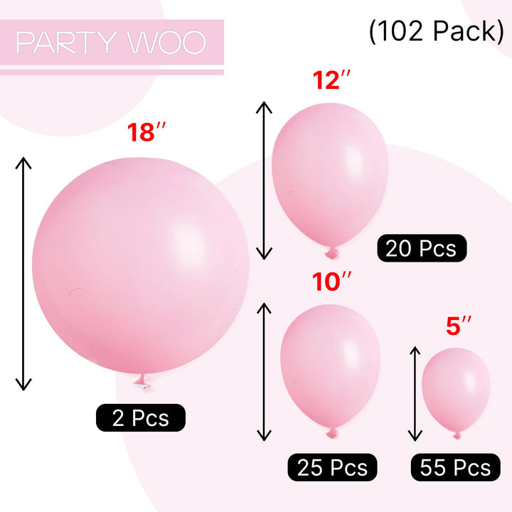 PartyWoo Light Pink Balloons 102 pcs - Different Sizes for Birthday & Party Decorations