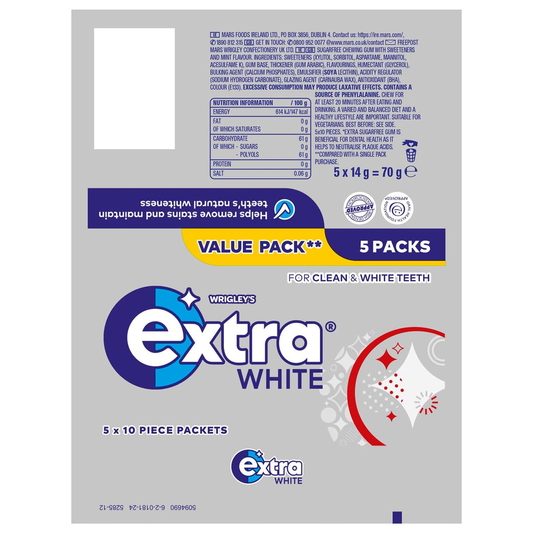 Extra - White Chewing Gum Sugar Free (5 x 10 Pieces)