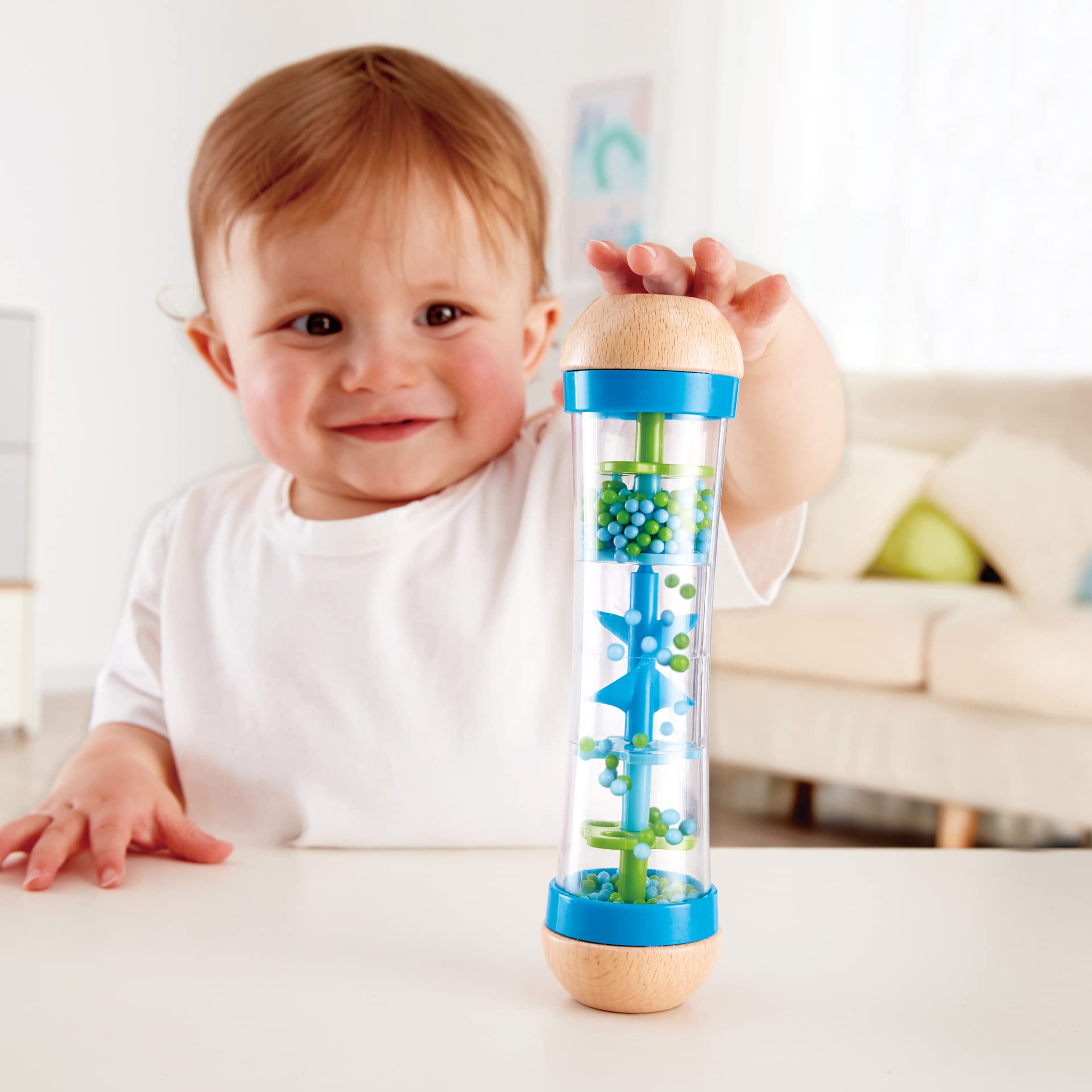 Hape Beaded Raindrops Mini Wooden Musical Shake & Rattle Rainmaker Toy, Blue 3