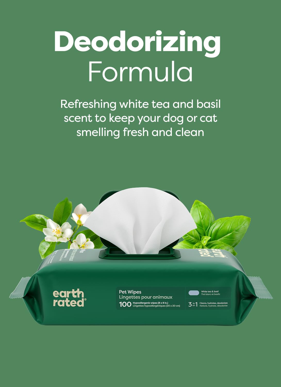 Earth Rated Pet Wipes for Dogs and Cats - Hypoallergenic, 3-in-1 Cleaning, White Tea & Basil Scent, 100 Count 6