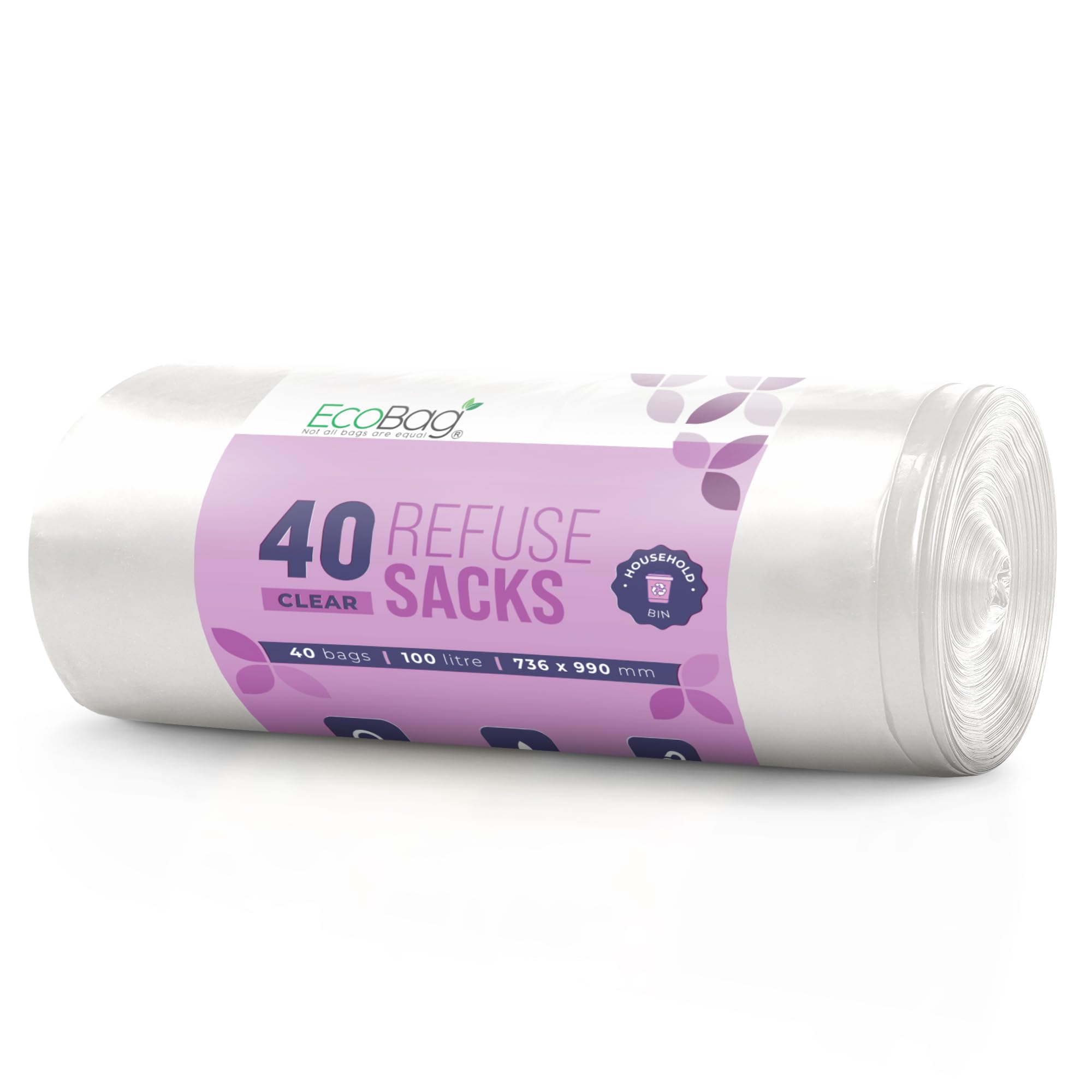 EcoBag 40 Pack Heavy Duty White Bin Liners - 100L - 22 Microns - Extra Strong 1