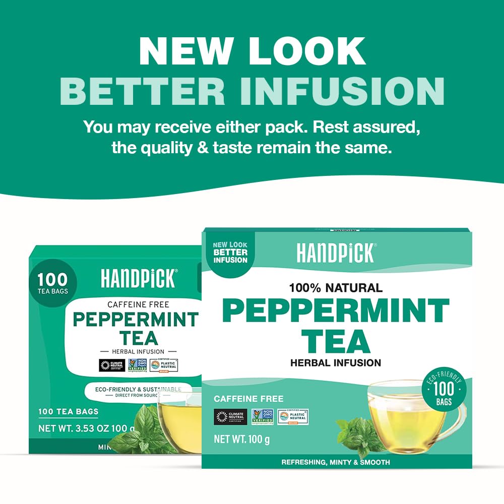 HANDPICK Peppermint Tea Bags (100 Count) Non-GMO, 100% Pure Herbal Tea - Minty & Refreshing