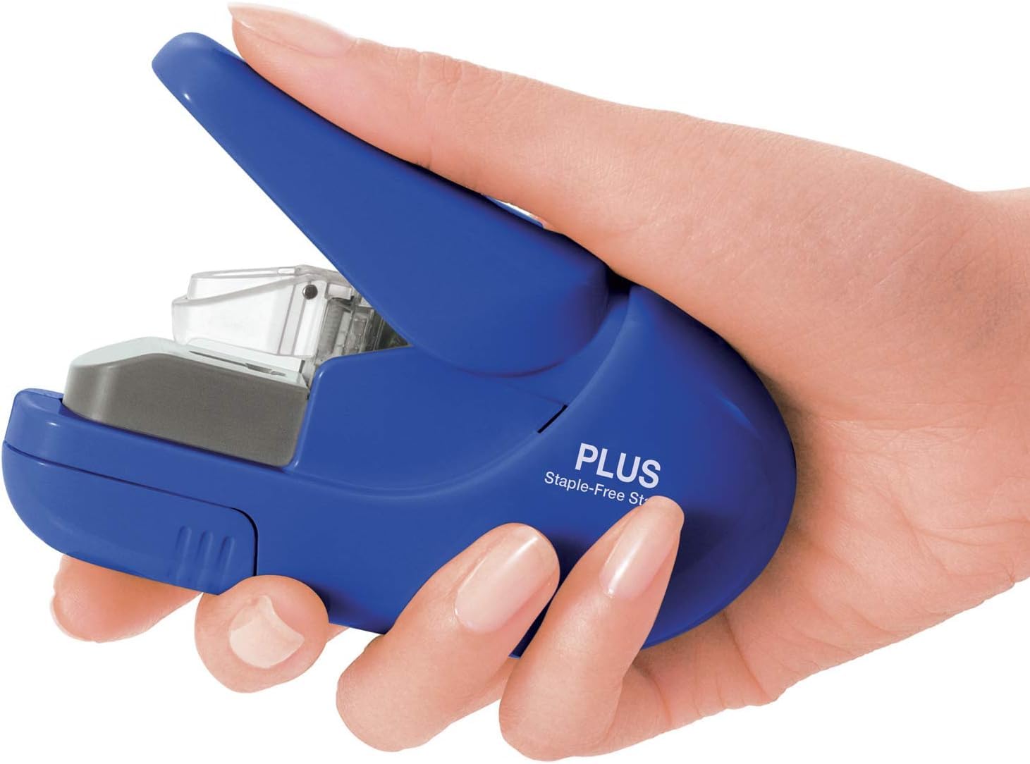 PLUS Desktop Stapler - Staple-Free, 5 Sheet Capacity, Blue | Power Assist Mechanism 4