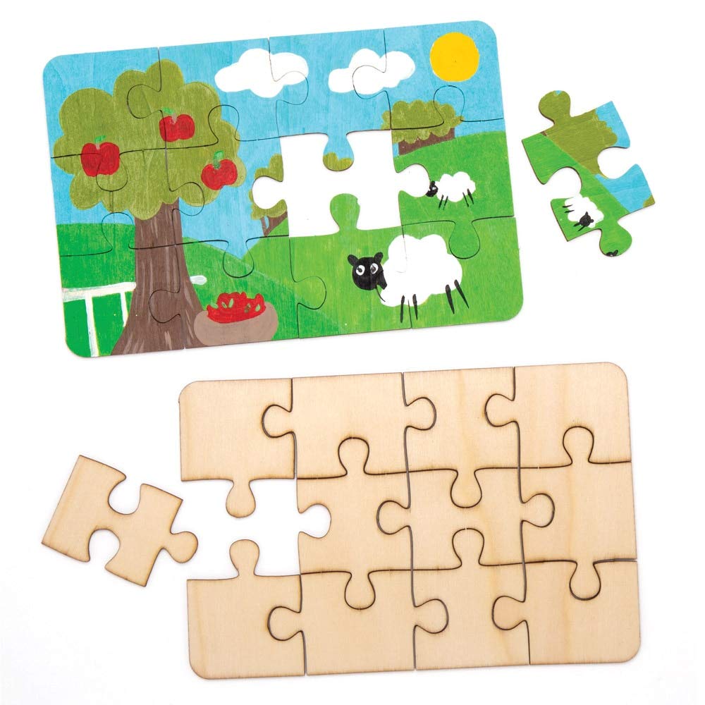 Baker Ross Wooden Jigsaw Puzzles - Blank Canvas for Creativity | 12 Pieces, 18 x 12 cm | Pack of 8 1