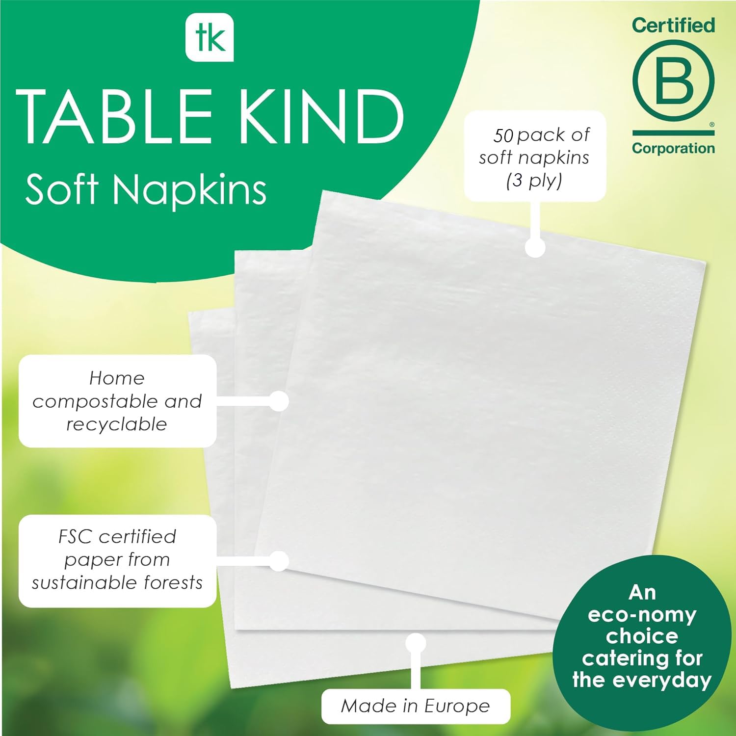 Talking Tables Table Kind Soft White Napkins - 50 Pack | 3-Ply 33cm | Eco-Friendly Home Compostable