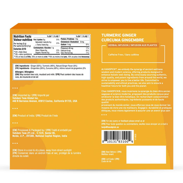 HANDPICK - Turmeric Ginger Tea Bags (100 Herbal Tea Bags) Caffeine Free, Non-GMO, Eco-Conscious Packaging