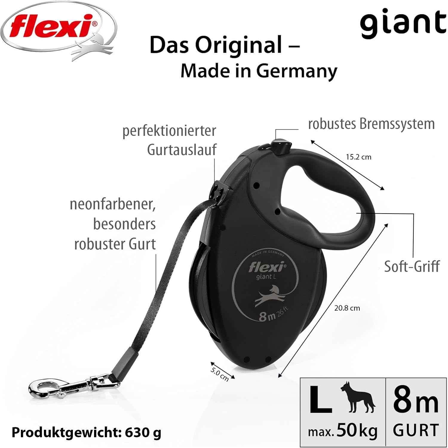 flexi Giant Black Edition Belt Retractable Dog Lead - 8m, Up to 50kg
