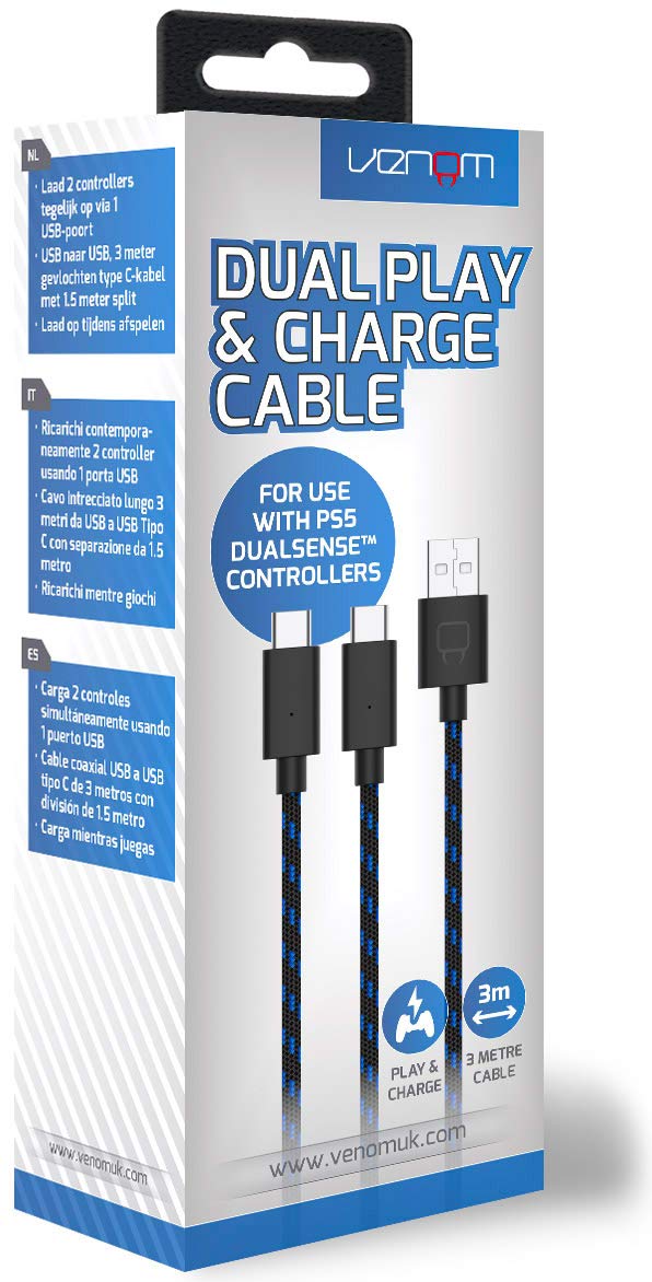 Venom Dual Play & Charge Cable - 3m Braided USB-C for PS5 | Charges 2 Controllers Simultaneously 1