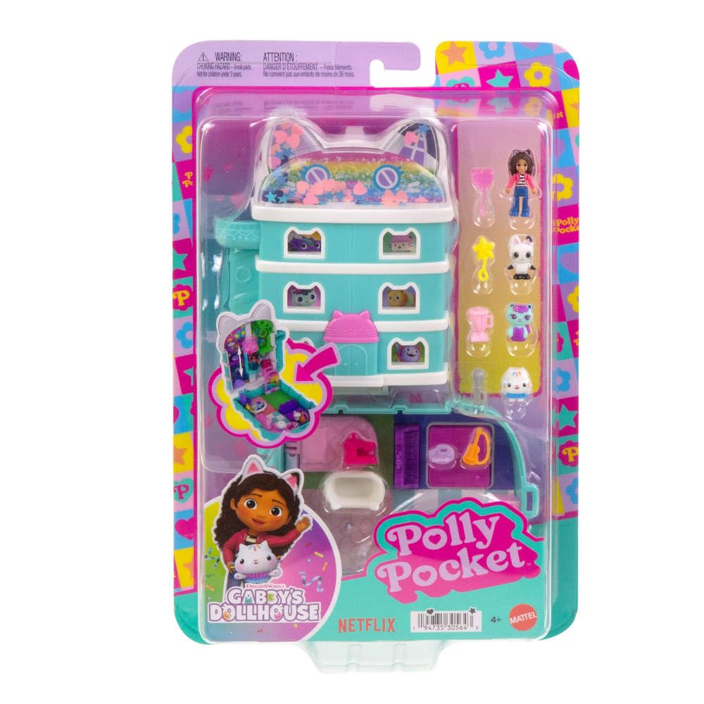 Polly Pocket x Gabbys Puppenhaus-Spielset – 15-teiliges interaktives Kompaktset mit Puppen- und Kätzchenfreunden 4