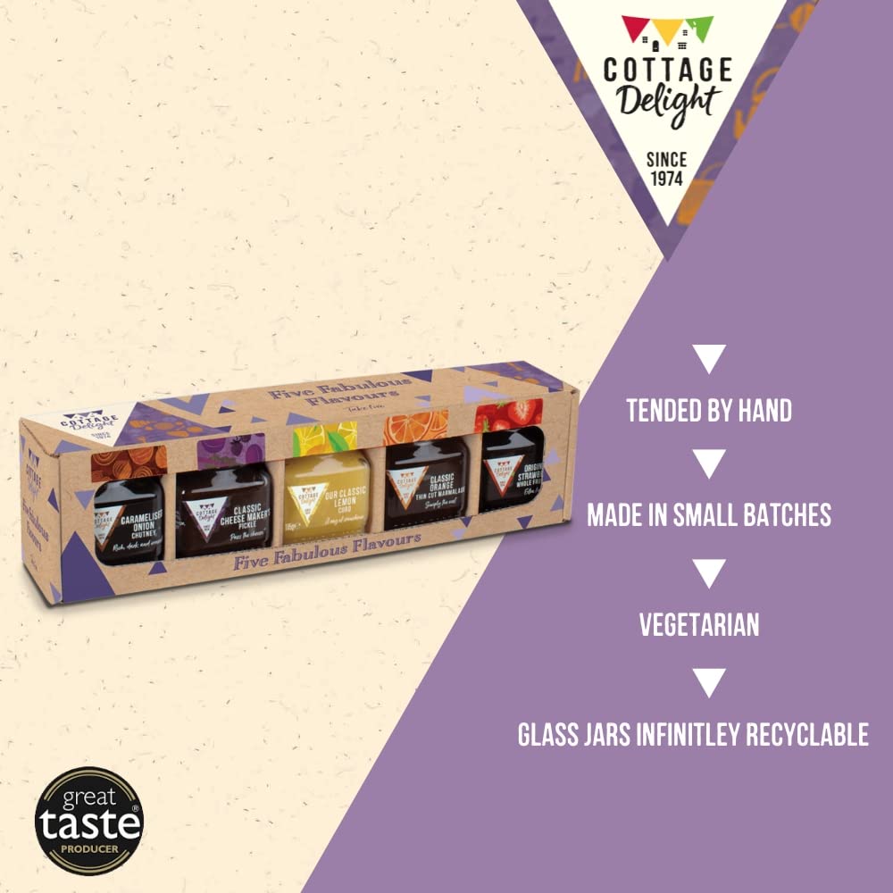 Cottage Delight Five Fabulous Flavours Gift Set - 5-Piece Collection with Caramelised Onion Chutney, Pickle, Marmalade, Lemon Curd & Strawberry Jam 2