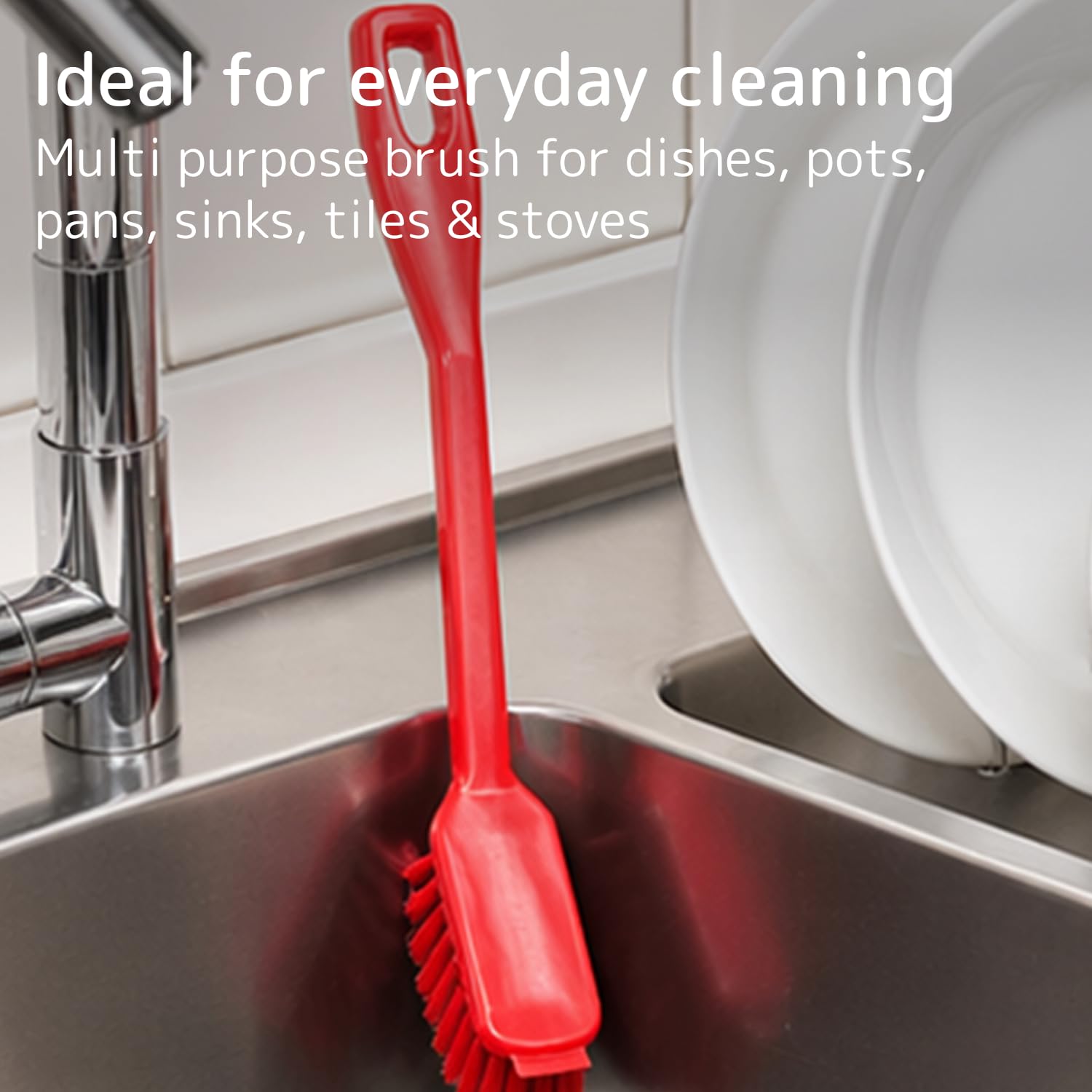 ABENA Red Dishwashing Brush - Stiff Bristle Scraper | 27cm Ergonomic Handle 6