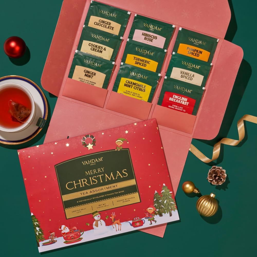 VAHDAM Merry Christmas Tea Gift Set - Limited Edition 9 Assorted Tea Bags
