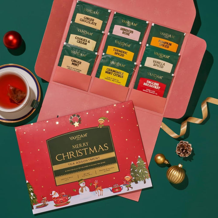 VAHDAM Merry Christmas Tea Gift Set - Limited Edition 9 Assorted Tea Bags
