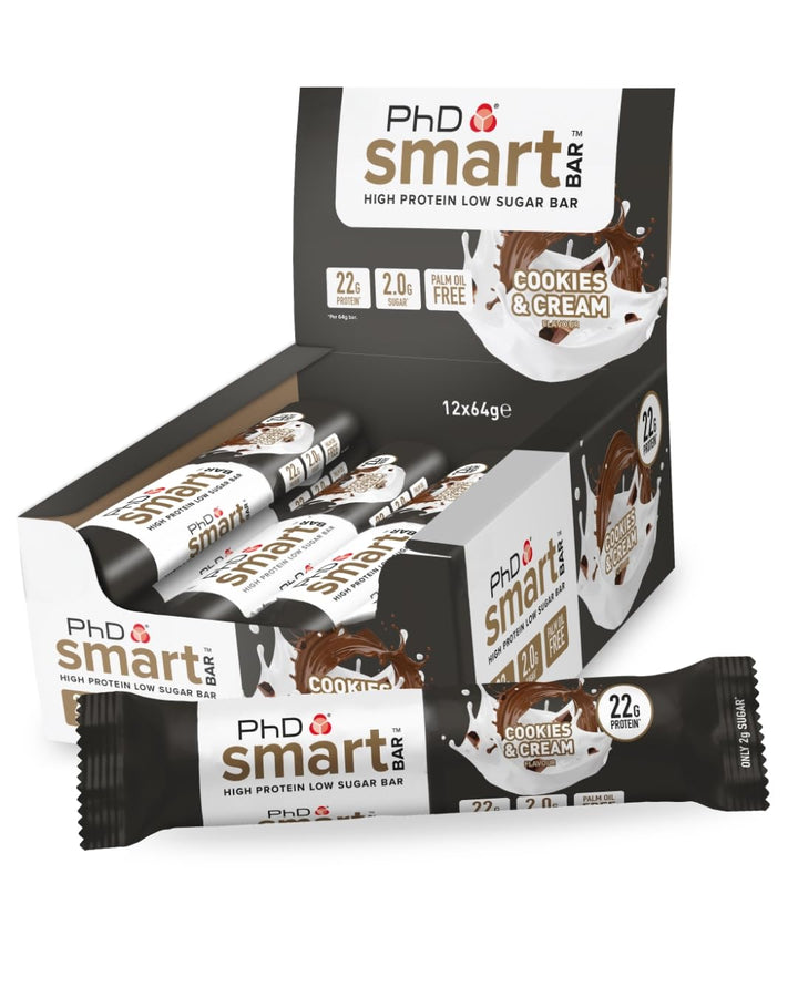 PhD Nutrition Smart Protein Bar Low Calorie, High Protein, Low Sugar, Cookies and Cream, 12 x 64g