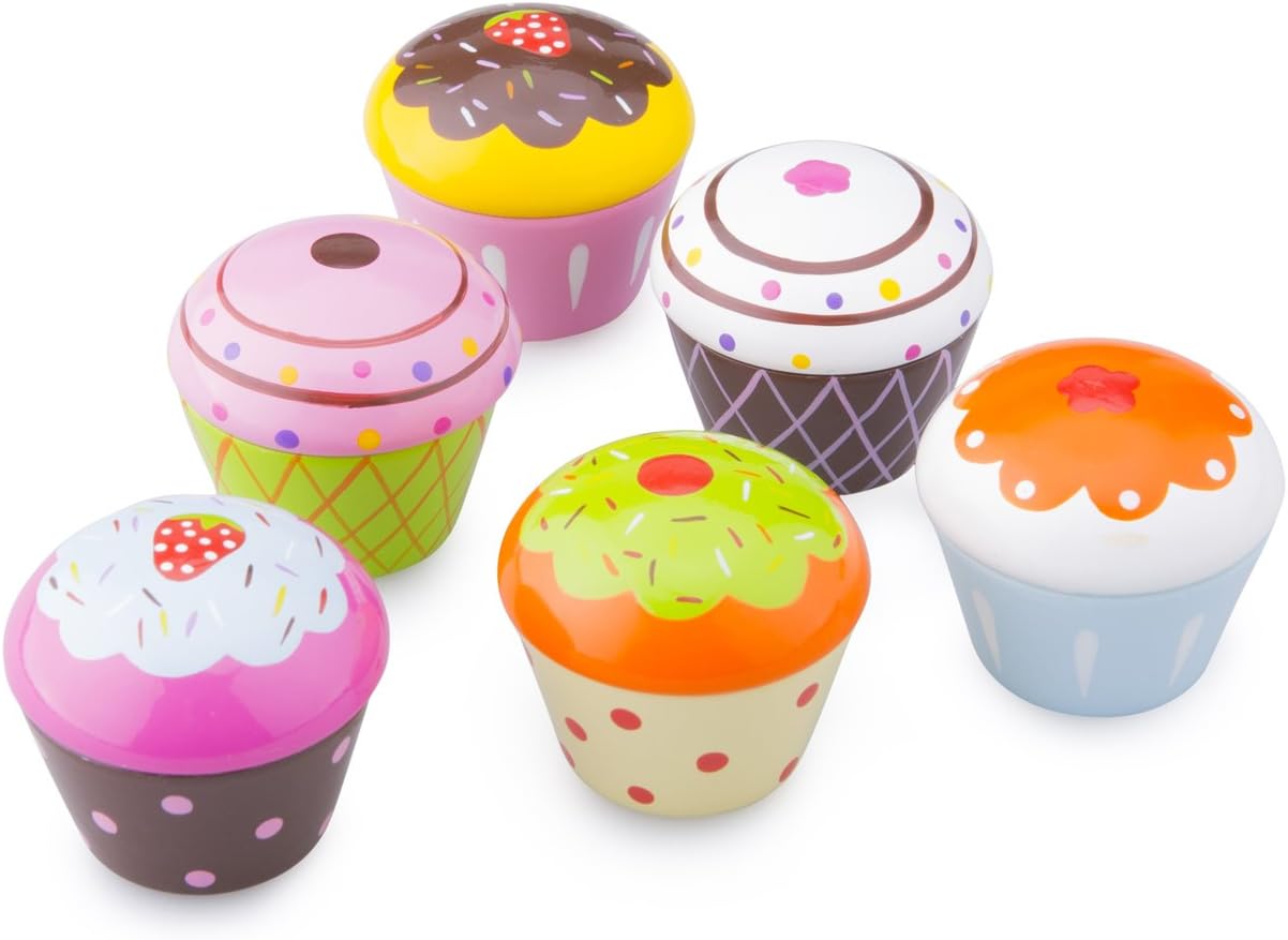 New Classic Toys Wooden Cupcake Assortment in Gift Box - 6 Pieces, Age 36m+
