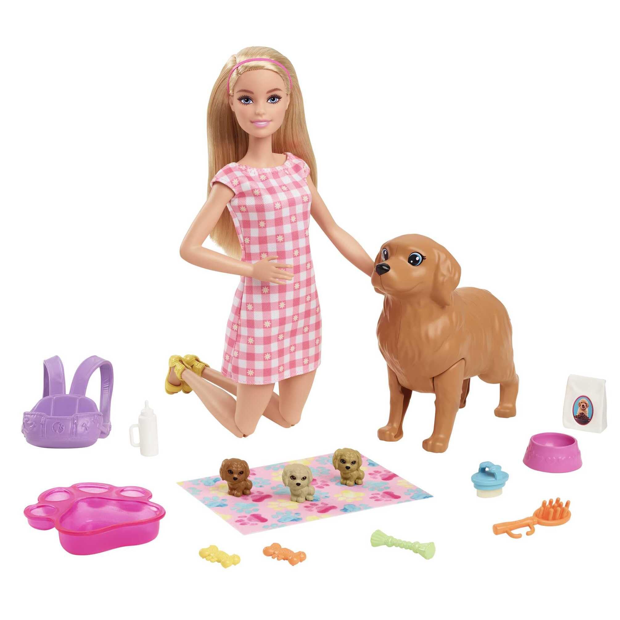 Barbie Newborn Pups Playset with Blonde Doll, Mommy Dog, 3 Puppies, and 11 Accessories | Ages 3-7