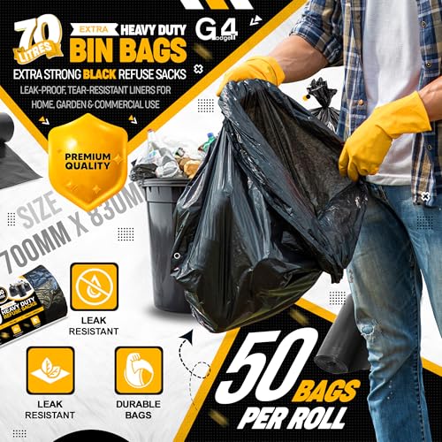 G4GADGET 70L Black Bin Bags (50 Bags) – Heavy-Duty Refuse Sacks for Home & Commercial Use