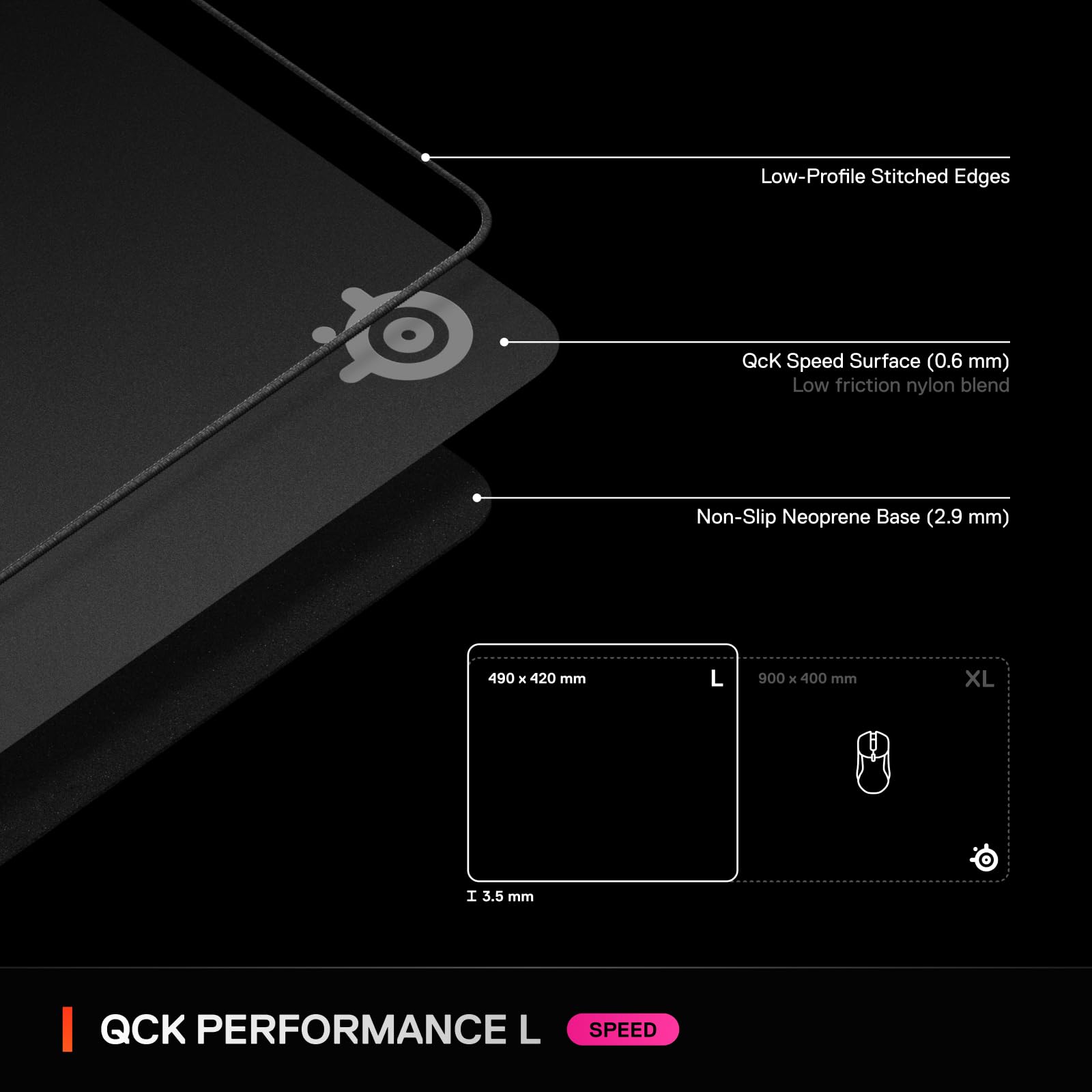 SteelSeries QcK L Performance Speed Gaming Mousepad - 49x42 cm, Extra-Dense 3.5mm Base, Black 3