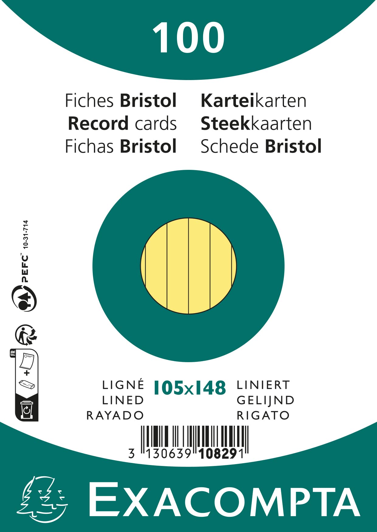 Exacompta Bristol Lined Record Cards Ref 10829SE - A6 Yellow Card Stock | Pack of 100