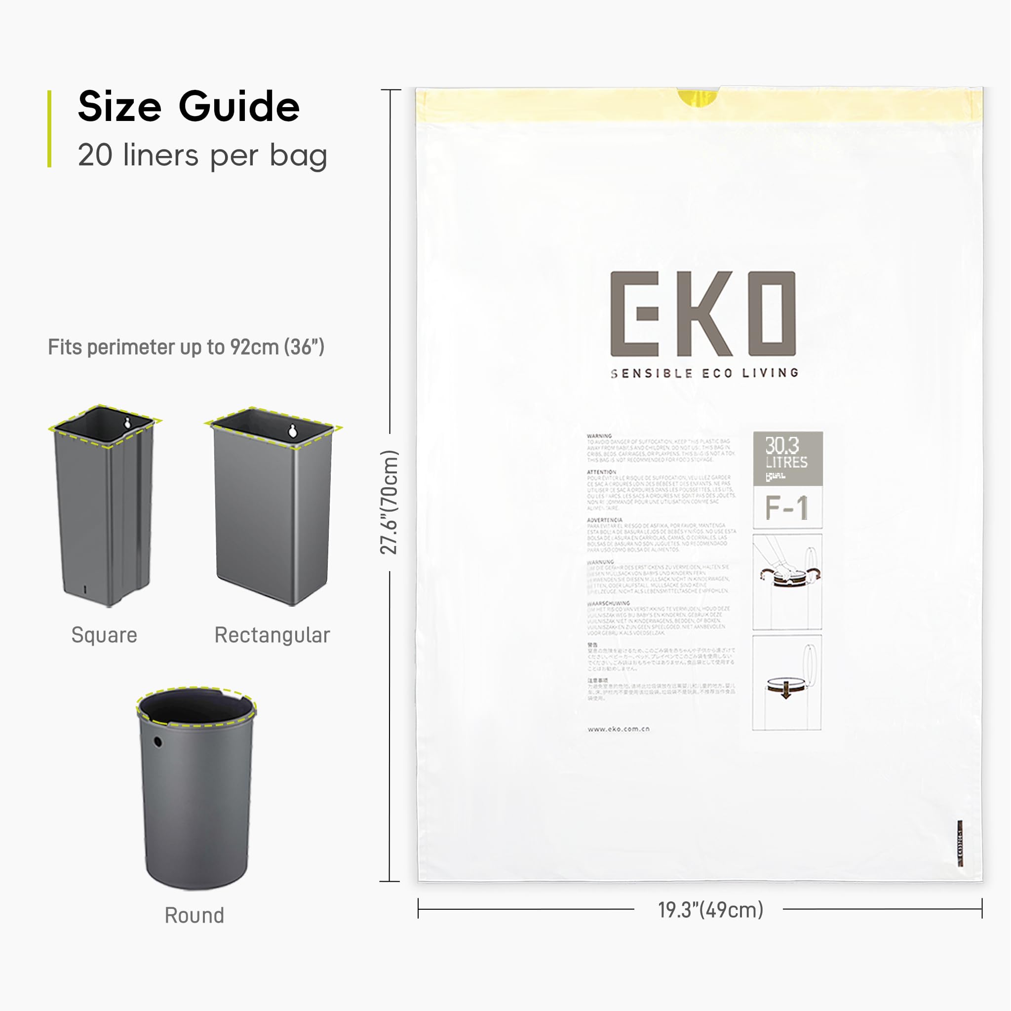 EKO 18-30L Drawstring Bin Bags - Heavy Duty, Leakproof, Unscented | 20 Count White 6