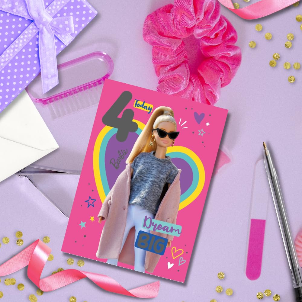 Barbie Age 4 Birthday Card - '4 Today Dream Big' Message | 7x6 Inches 3