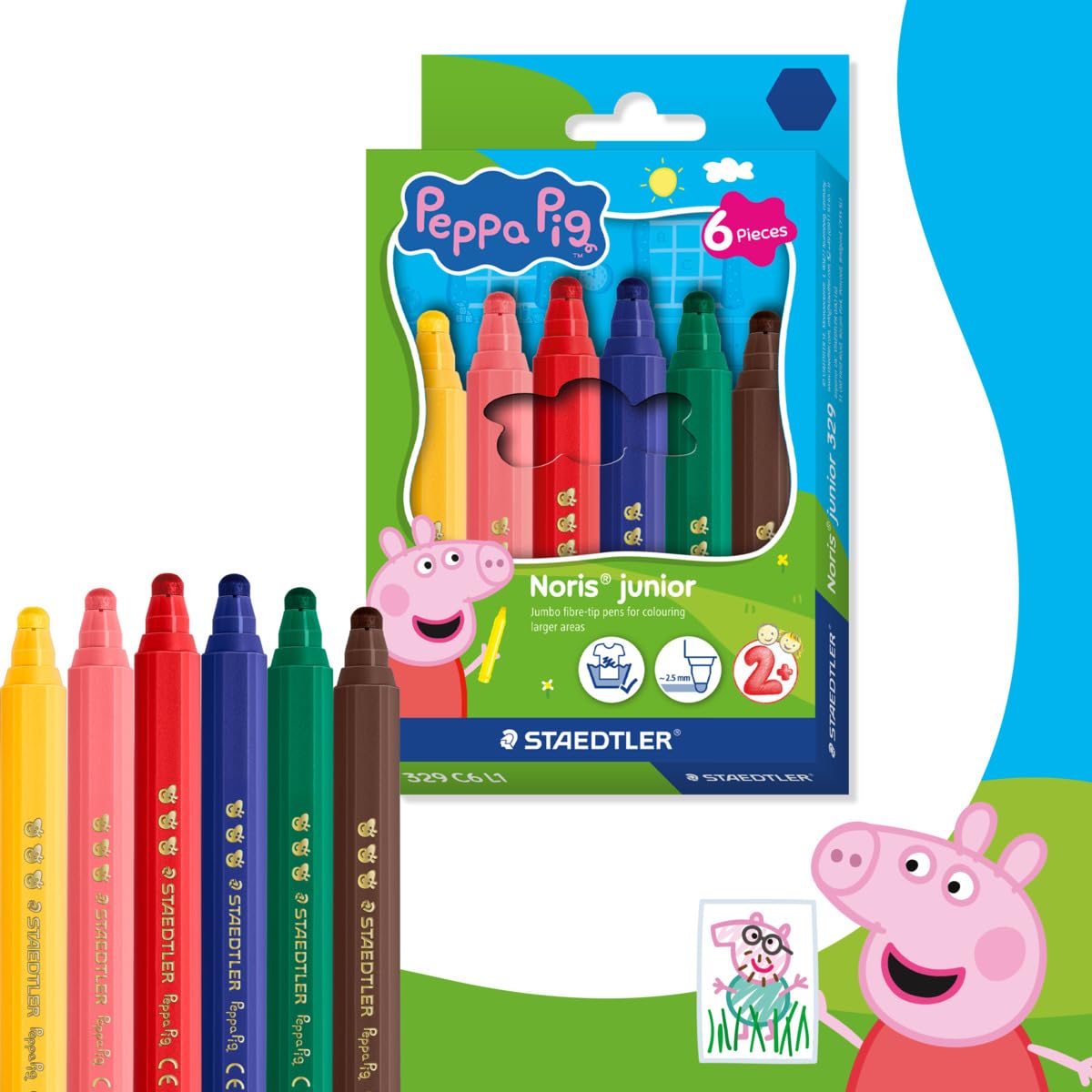 STAEDTLER Peppa Pig Noris Junior Jumbo Felt-Tip Pens for Toddlers | Pack of 6 | Multicolor