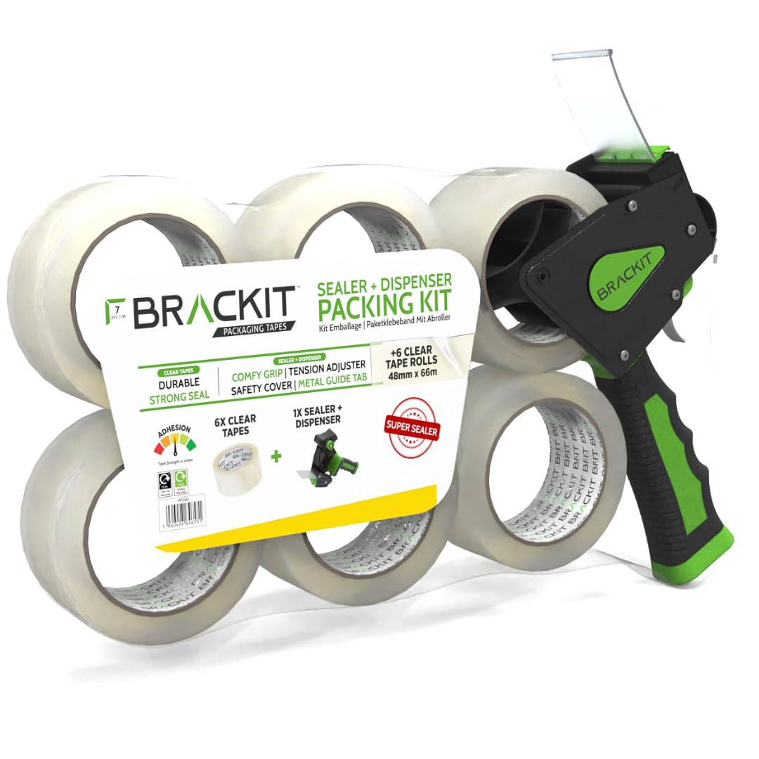 brackit Packaging Tape Dispenser Kit - 6 Rolls Clear Tape 48mm x 66m Heavy Duty | High Adhesion 1