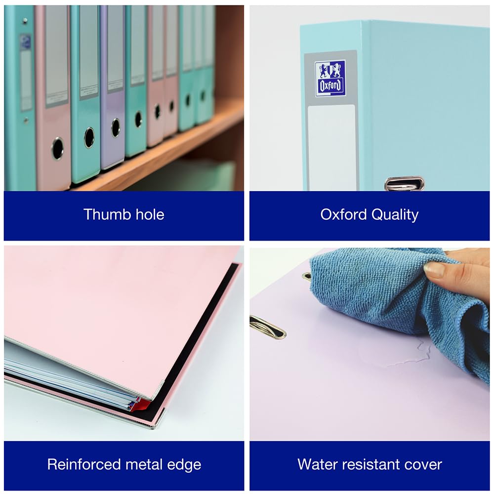 Oxford A4 Lever Arch Files - Pastel Colours Pack of 3 | 70mm Spine | 560 Sheet Capacity 2