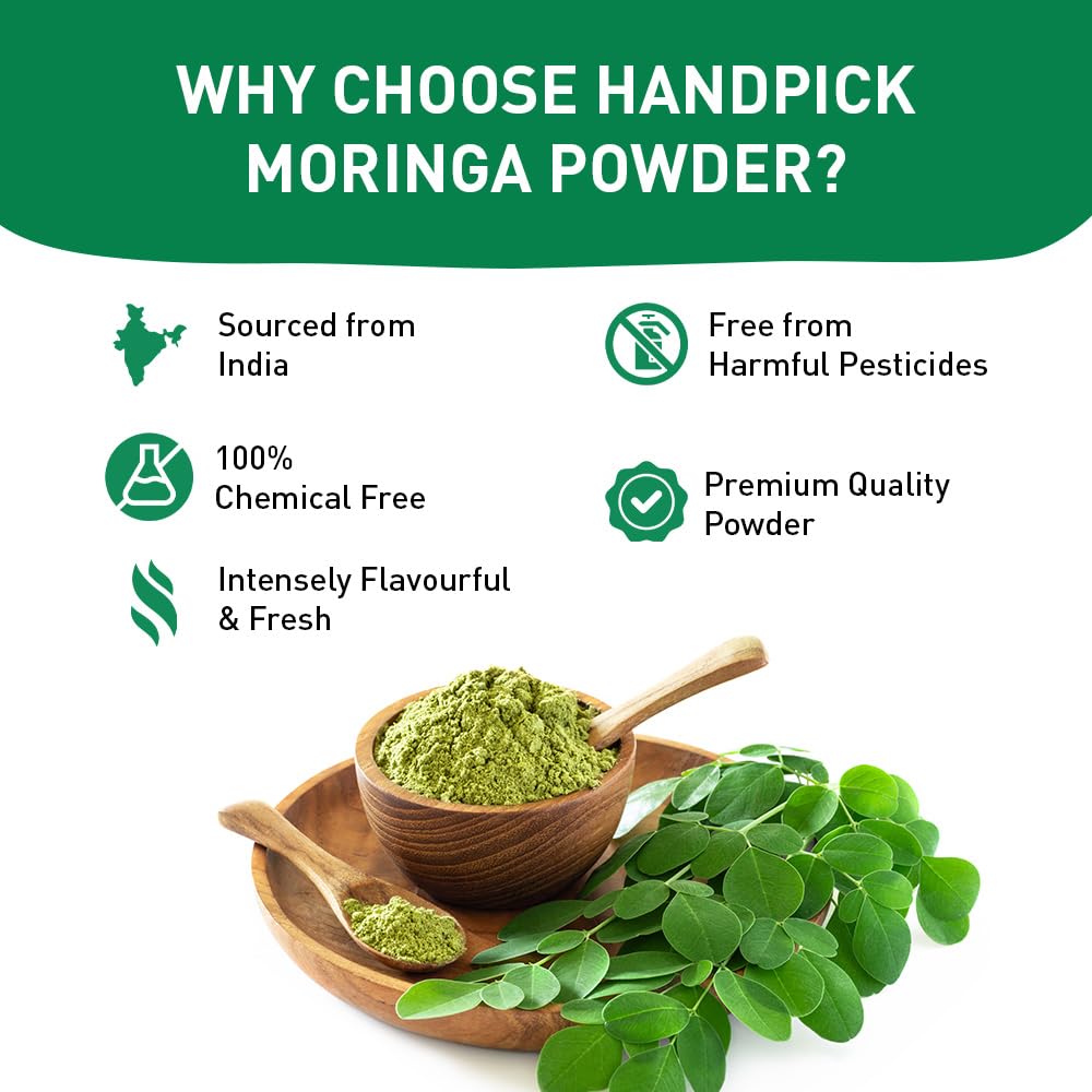 HANDPICK Moringa-Pulver (500 g) – Reine Moringa Oleifera-Blätter | Gentechnikfrei, glutenfrei | Wiederverschließbarer Beutel für Smoothies, Tee und zum Kochen 3