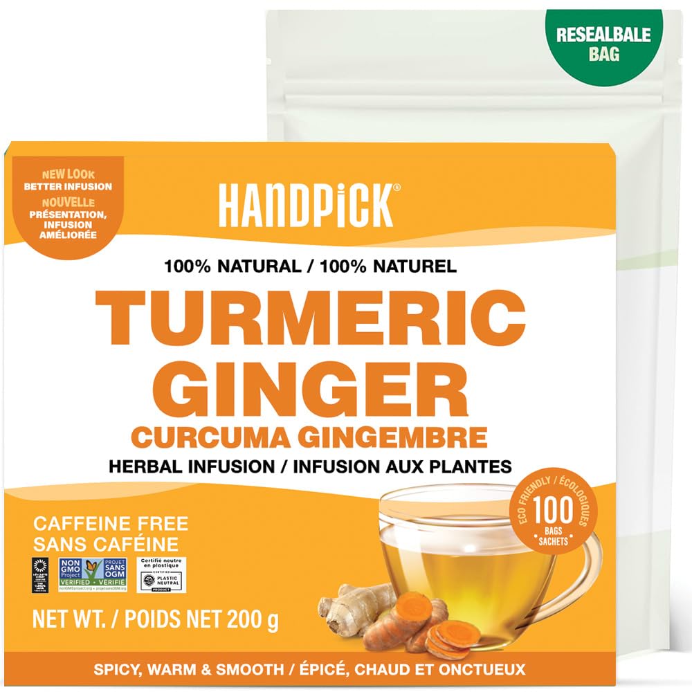 HANDPICK - Kurkuma-Ingwer-Teebeutel (100 Kräuterteebeutel) Koffeinfrei, gentechnikfrei, umweltbewusste Verpackung