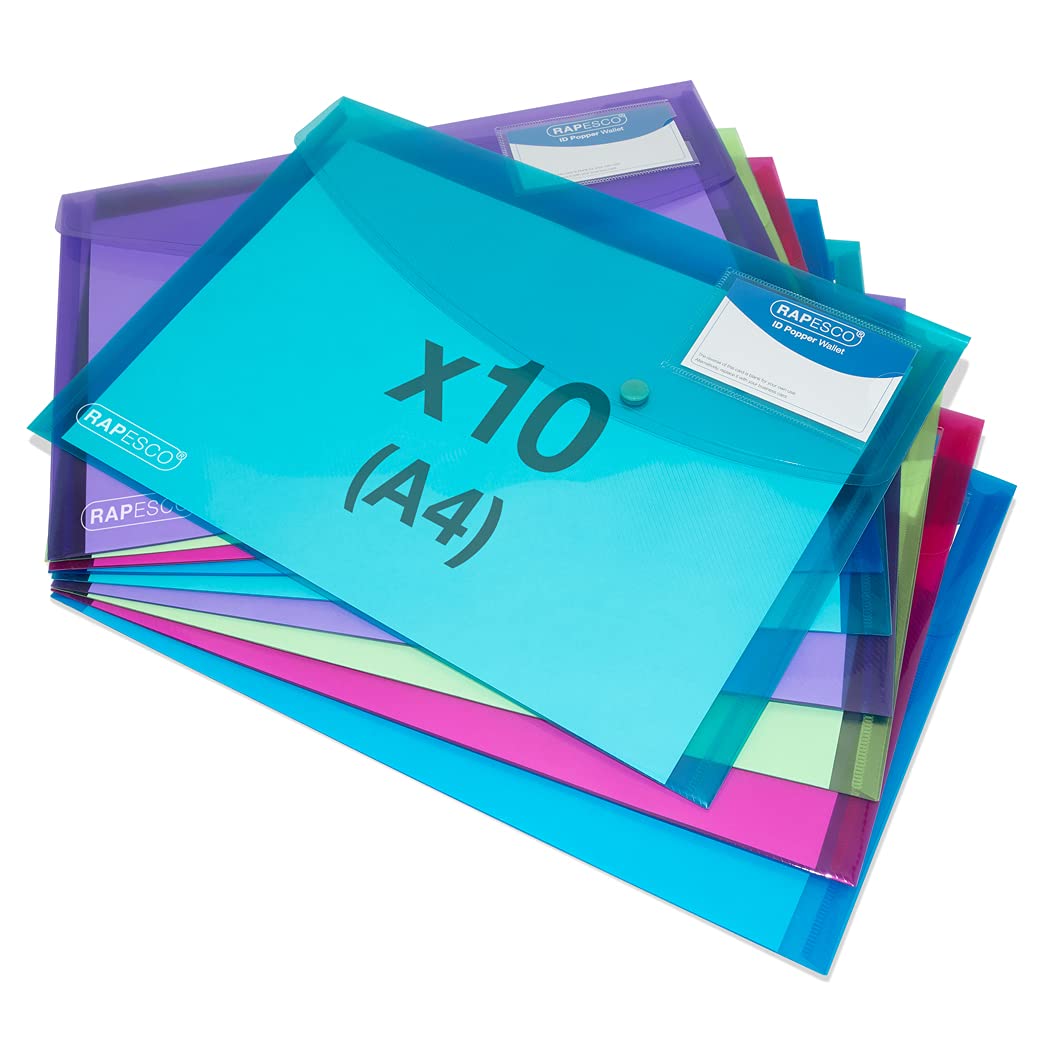 RAPESCO 1681 A4 ID Popper Wallets - Assorted Bright Transparent Colours, Pack of 10 1