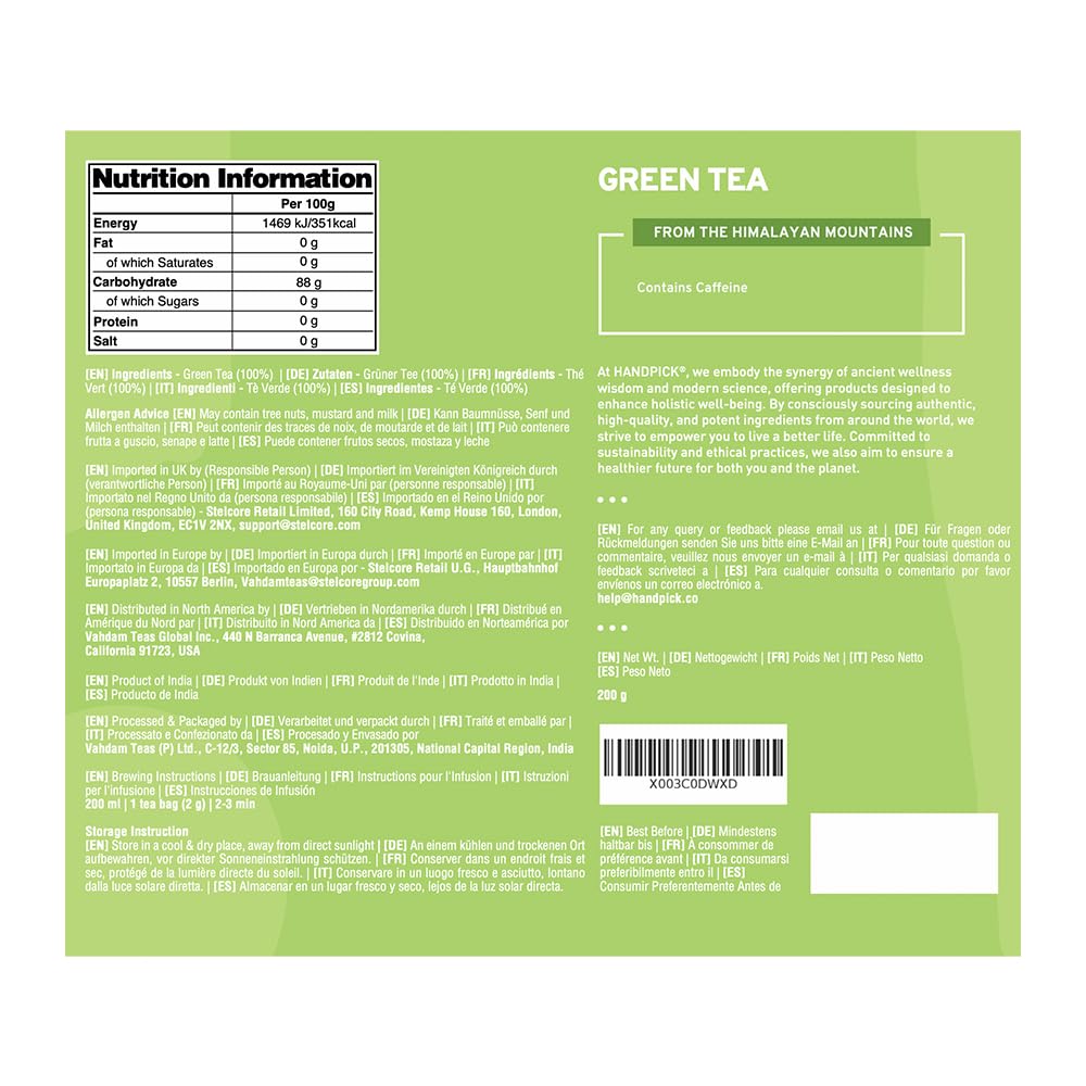 HANDPICK Green Tea Bags - 100% Pure Green Tea, 100 Bags, No Adhesive, No Bleach, Gluten Free