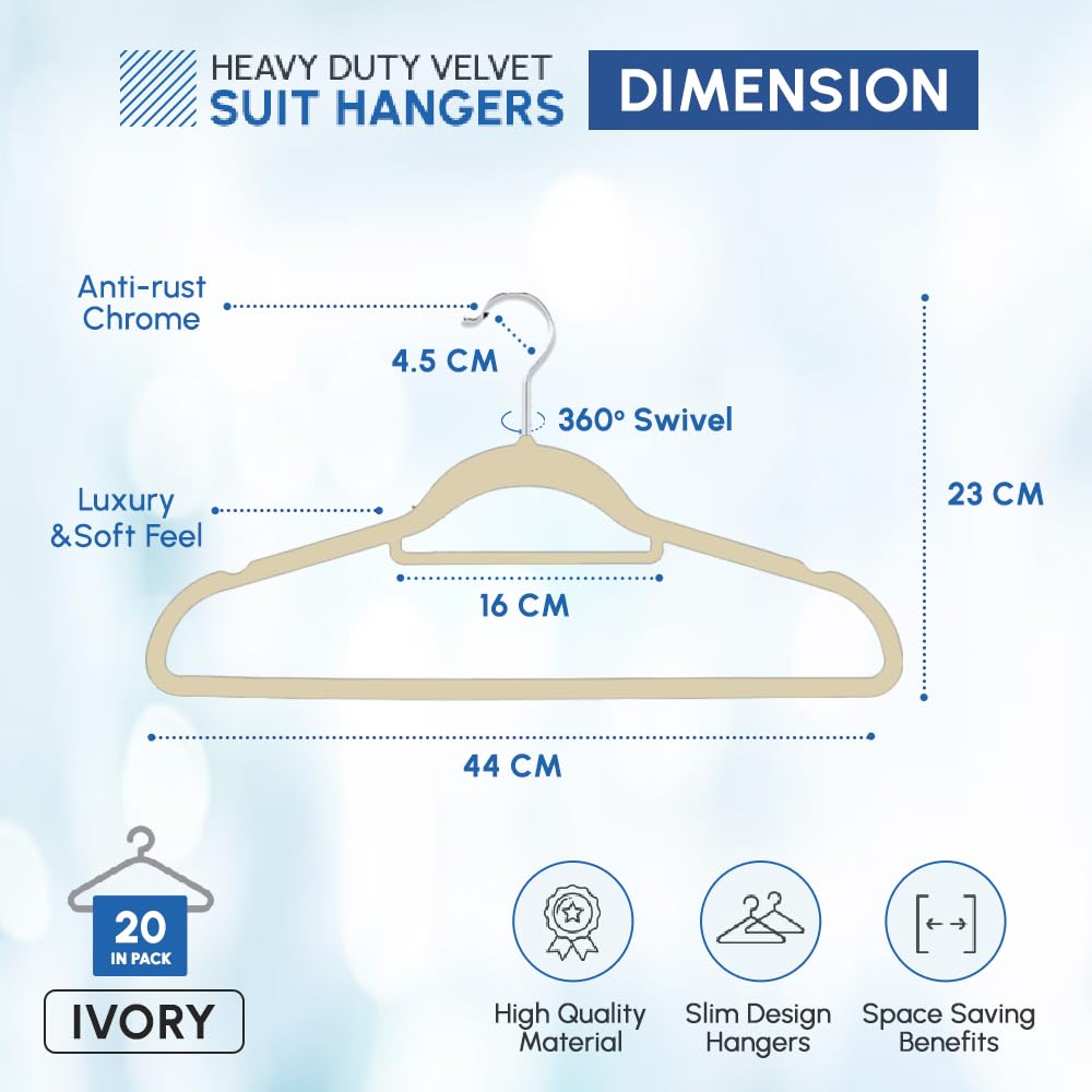 1ABOVE Non-Slip Velvet Hangers 20-Pack - Heavy Duty 41cm Ivory Closet Organizers with Swivel Hooks & Tie Bar 5