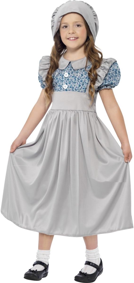 Smiffys Victorian School Girl Costume - Grey Dress & Hat for Ages 7-9 1