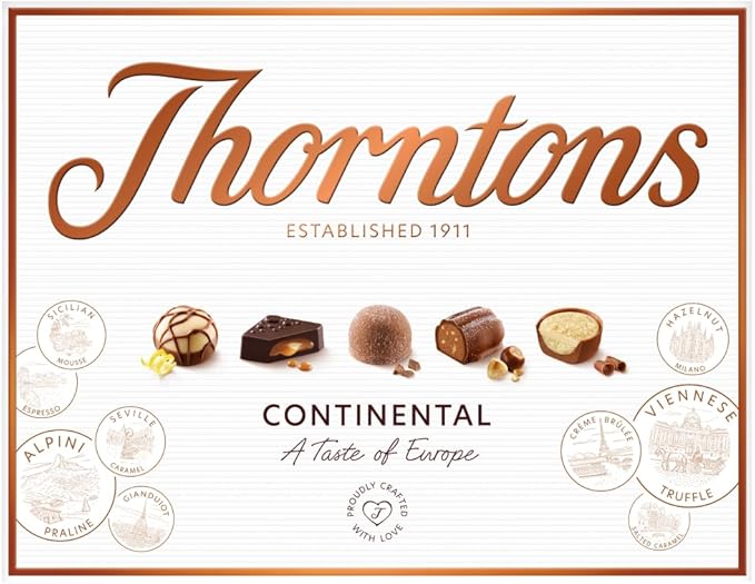 Thorntons Continental Geschenkbox mit verschiedenen Milch-, Zartbitter- und weißen Schokoladensorten, 264 g