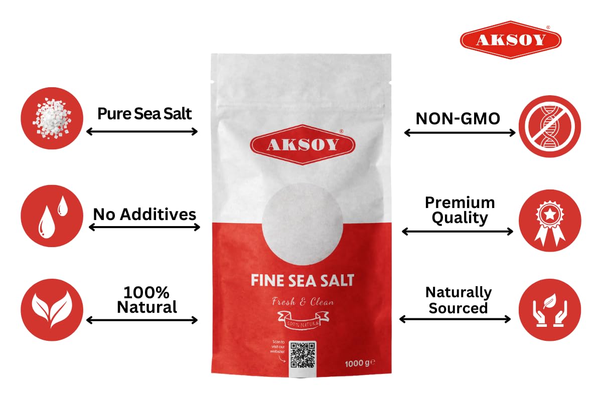 AKSOY Fine Sea Salt - 1KG Pack, Fine Grain, Natural & Unrefined 4