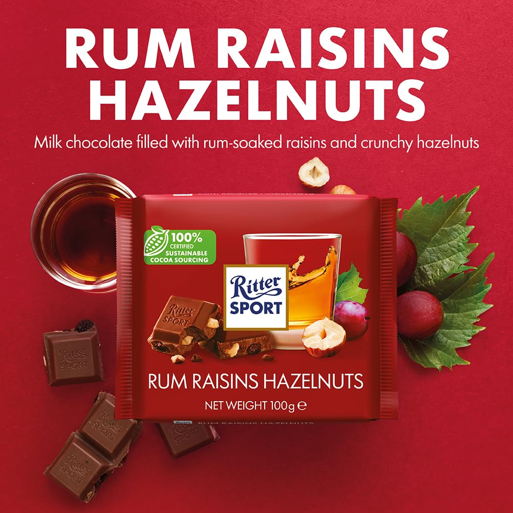 Ritter Sport Rum Raisins and Hazelnuts Milk Chocolate Bar, 100g, Case of 12 3